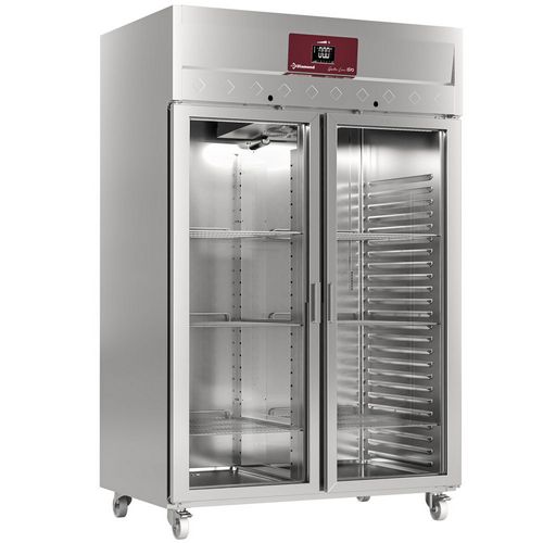 1400 literes felső aggregátos hűtő, üvegajtós, GN 2/1-es, rozsdamentes, görgős