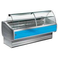 1500 mm-es hűtőpult, ventilációs, íves lehajtható frontüveggel, kék dekorral