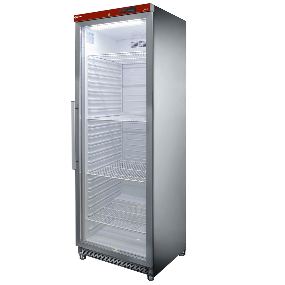 400 literes hűtő, ventilációs, üvegajtós, rozsdamentes