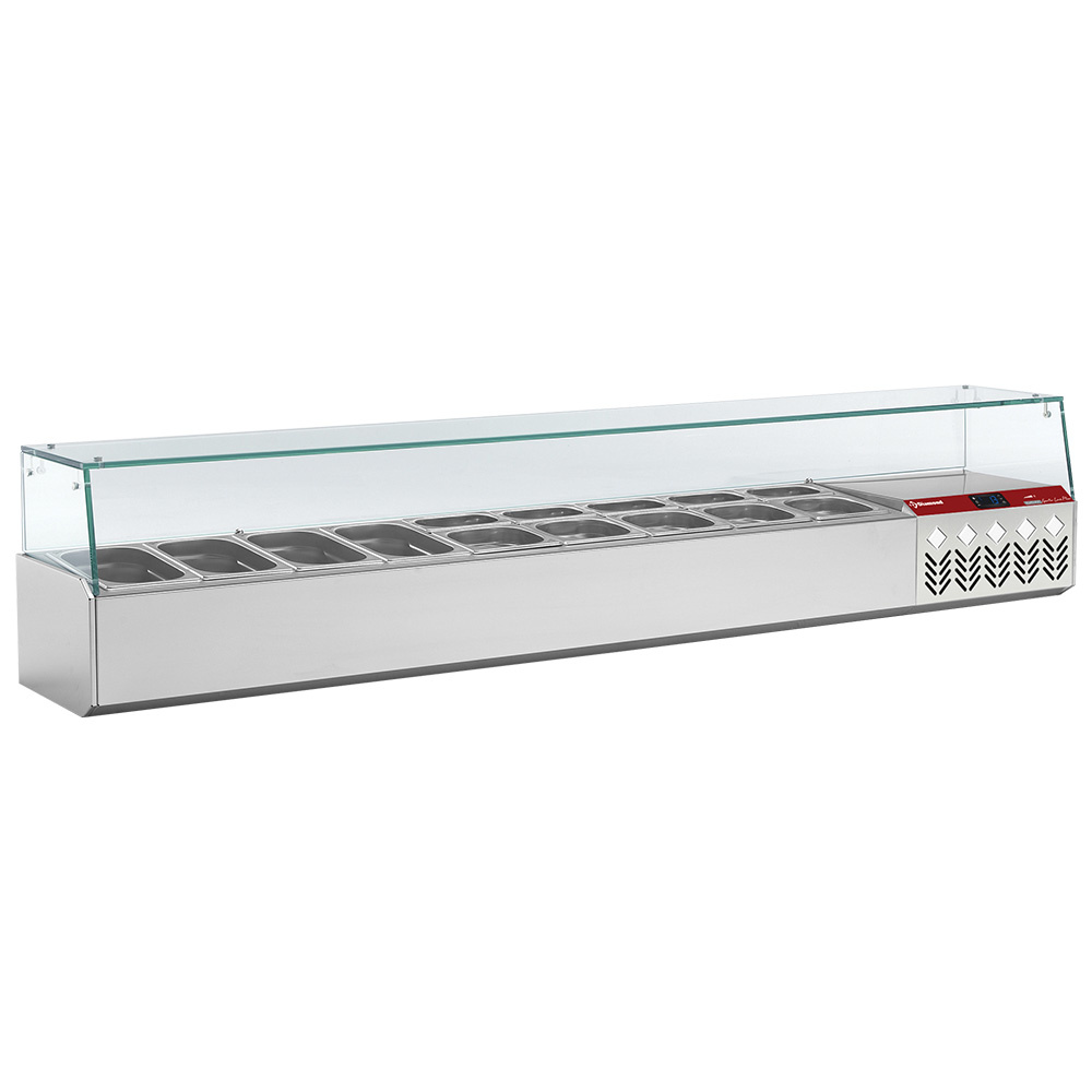 asztali feltéthűtő üveg leheletvédővel, 9x GN 1/4-es, 0/+8°C