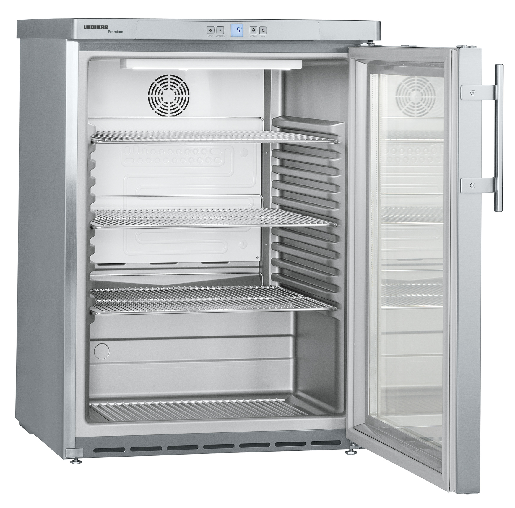 141 literes pult alá helyezhető hűtőszekrény, ventilációs hűtéssel, üvegajtós, rozsdamentes