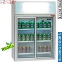 100 literes hűtő, üveg tolóajtókkal, felső világító reklámpanellel, ventilációs